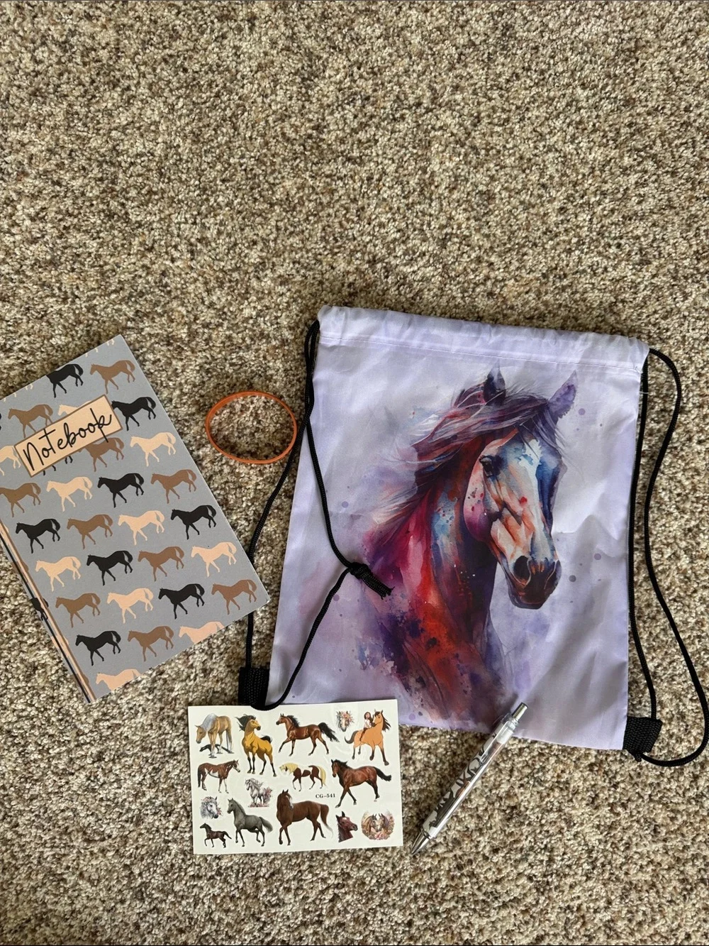 Horse themed Drawstring Backpack sticker pen bracelet notebook bundle